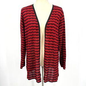 Misook Womens Open Cardigan M Modern Office Knit‎ Chevron Stripe Basic Red Black